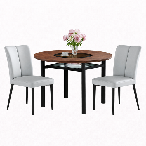 Ensemble Table Et Chaises, Table à Manger 100 Cm Avec Pieds Métal Noir Et 4 Chaises En Pu Gris Clair