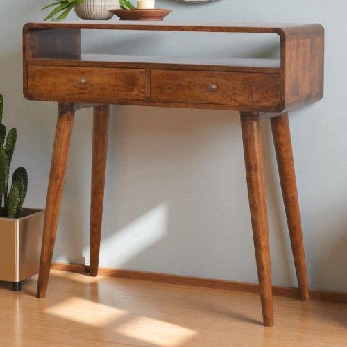 Table Console En Bois Massif De Manguier, Deux Tiroirs, Pieds Nordiques, Finition Naturelle