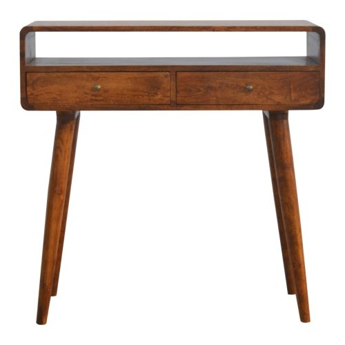 Table Console En Bois Massif De Manguier, Deux Tiroirs, Pieds Nordiques, Finition Naturelle
