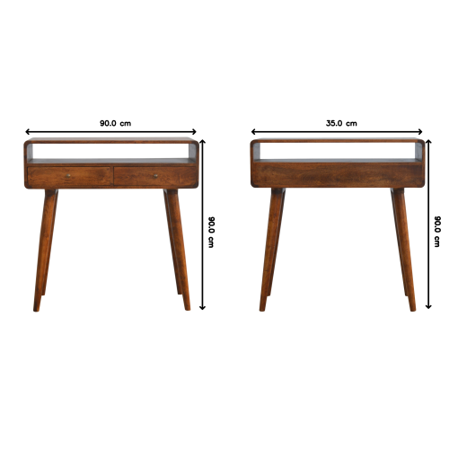 Table Console En Bois Massif De Manguier, Deux Tiroirs, Pieds Nordiques, Finition Naturelle