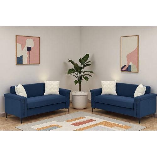 Canapé 2 Places En Polyester Bleu - 2 Pièces - Pieds Métal, Design Scandinave