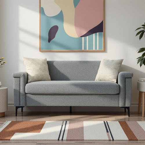 Canapé 2 Places En Polyester Gris Clair - 2 Pièces - Pieds Métal, Design Scandinave