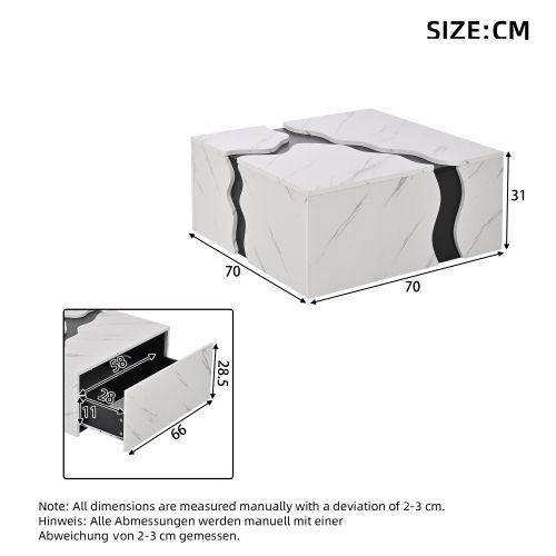 Table Basse Carré Blanche 70x70x31 Cm Effet Marbre Avec 1 Tiroir De Rangement
