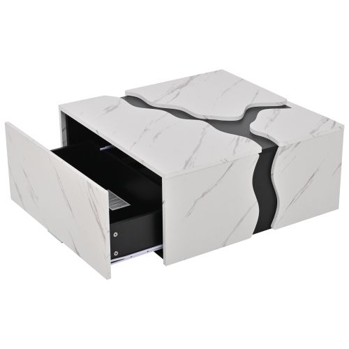 Table Basse Carré Blanche 70x70x31 Cm Effet Marbre Avec 1 Tiroir De Rangement