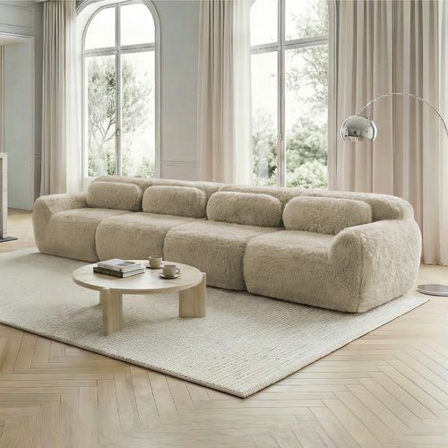 Canapé D’angle Modulable 4 Places En Tissu Peluche Avec Coussins, Kaki Clair