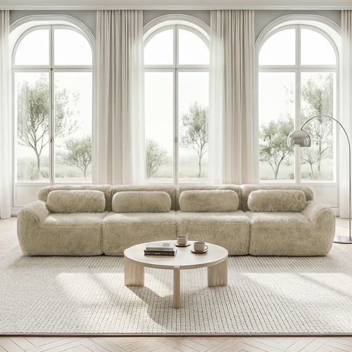 Canapé D’angle Modulable 4 Places En Tissu Peluche Avec Coussins, Kaki Clair