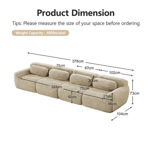 Canapé D’angle Modulable 4 Places En Tissu Peluche Avec Coussins, Kaki Clair
