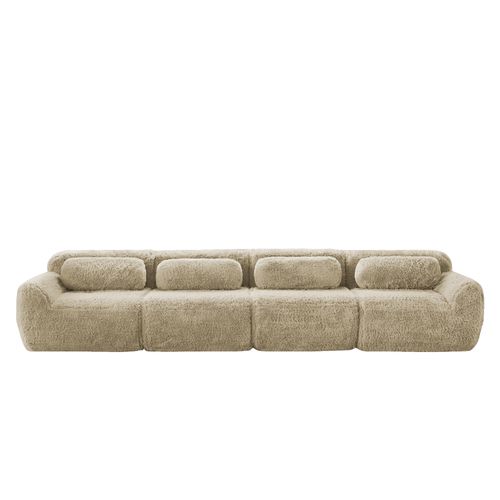 Canapé D’angle Modulable 4 Places En Tissu Peluche Avec Coussins, Kaki Clair