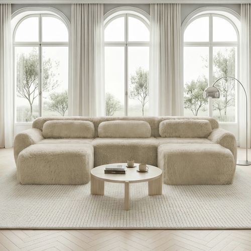 Canapé D’angle Modulable En U En Peluche Coloris Kaki Clair Avec Coussins