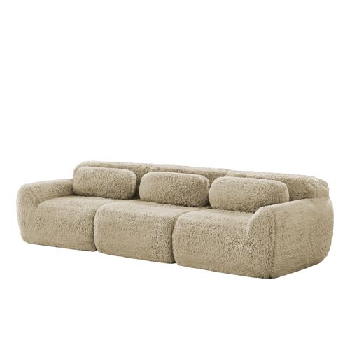 Canapé Modulable 3 Places En Peluche Kaki Clair