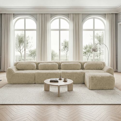 Canapé D’angle Modulable 4 Places En Tissu Peluche Kaki Clair