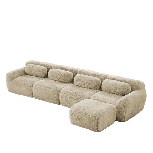 Canapé D’angle Modulable 4 Places En Tissu Peluche Kaki Clair