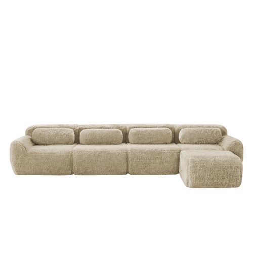 Canapé D’angle Modulable 4 Places En Tissu Peluche Kaki Clair