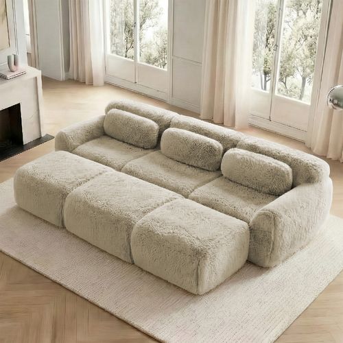 Canapé D’angle Modulable 3 Places Avec 3 Pouf En Tissu Peluche, Kaki Clair