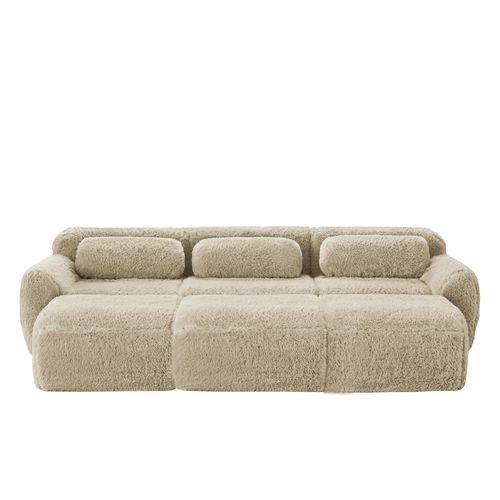 Canapé D’angle Modulable 3 Places Avec 3 Pouf En Tissu Peluche, Kaki Clair