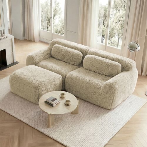 Canapé D’angle Modulable 2 Places En Tissu Peluche Avec Coussins, Kaki Clair