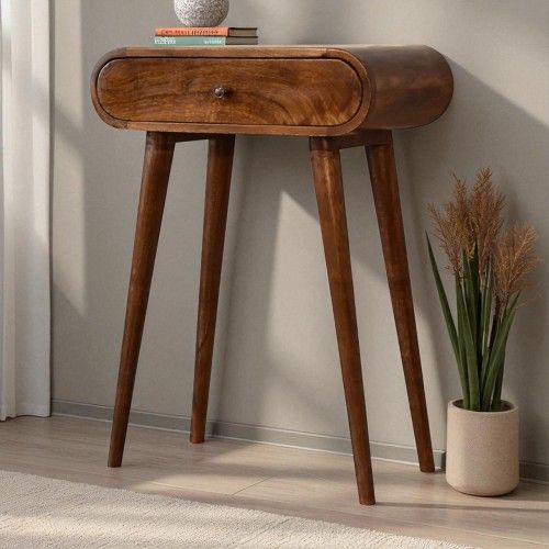 Table Console En Bois Massif De Manguier Marron, 1 Tiroir, Finition Teintée