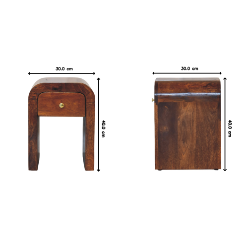 Table De Chevet En Manguier Massif, Tiroir Unique Et Bords Arrondis, Couleur Châtaignier