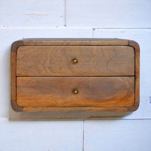 Table De Chevet Suspendue 2 Tiroirs, Manguier Massif, Finition Brun Foncé