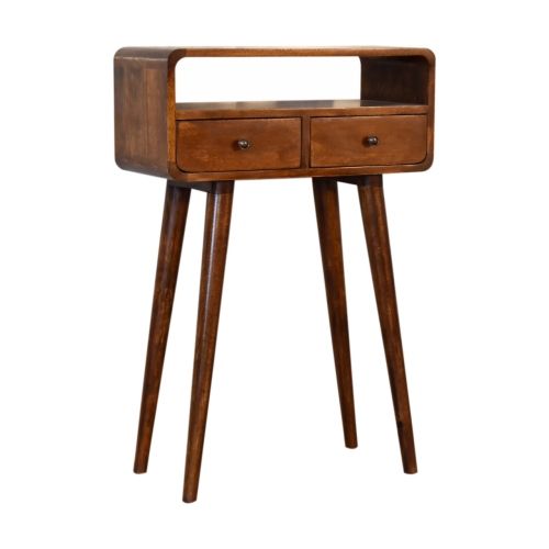 Table Console En Manguier Massif, 2 Tiroirs Et Niche Ouverte, Finition Brun Foncé