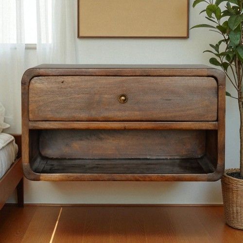 Table De Chevet En Bois Massif De Manguier, 1 Tiroir, Étagère Ouverte, Finition Marron