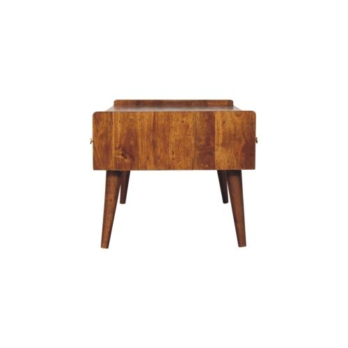 Table De Chevet En Bois Massif De Manguier, Finition Châtaignier, 2 Tiroirs Et Niche Ouverte, Brun