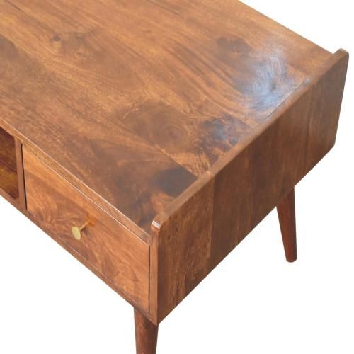 Table De Chevet En Bois Massif De Manguier, Finition Châtaignier, 2 Tiroirs Et Niche Ouverte, Brun