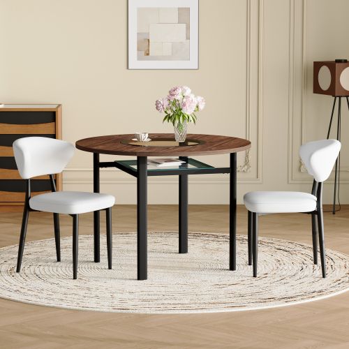 Ensemble Table Et Chaises, Table à Manger 100 Cm Avec Pieds Métal Noir Et 2 Chaises En Pu Blanc