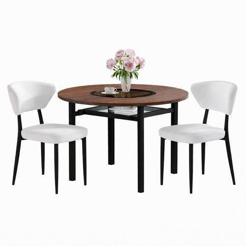 Ensemble Table Et Chaises, Table à Manger 100 Cm Avec Pieds Métal Noir Et 2 Chaises En Pu Blanc