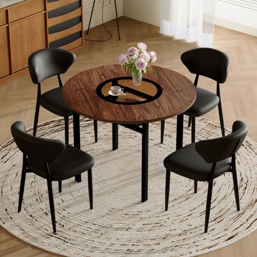 Ensemble Table Et Chaises, Table à Manger 100 Cm Avec Pieds Métal Noir Et 4 Chaises En Pu Noir