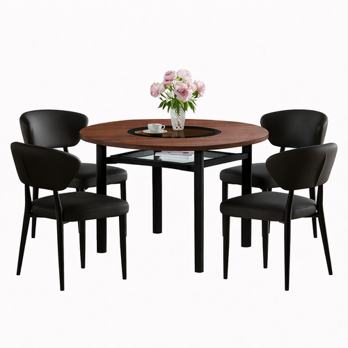 Ensemble Table Et Chaises, Table à Manger 100 Cm Avec Pieds Métal Noir Et 4 Chaises En Pu Noir