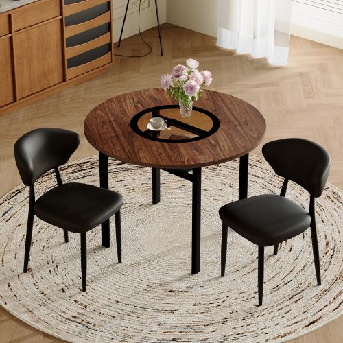 Ensemble Table Et Chaises, Table à Manger 100 Cm Avec Pieds Métal Noir Et 2 Chaises En Pu Noir