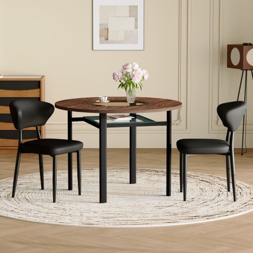 Ensemble Table Et Chaises, Table à Manger 100 Cm Avec Pieds Métal Noir Et 2 Chaises En Pu Noir