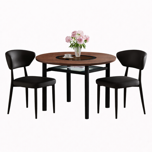 Ensemble Table Et Chaises, Table à Manger 100 Cm Avec Pieds Métal Noir Et 2 Chaises En Pu Noir