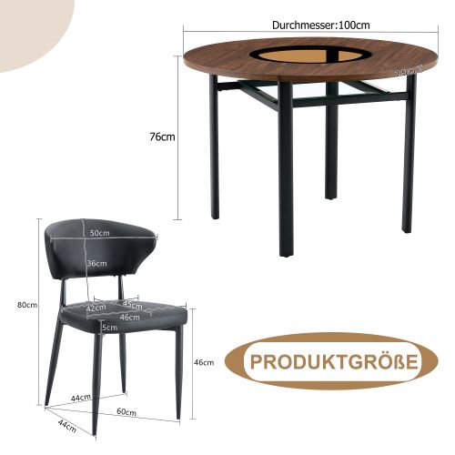 Ensemble Table Et Chaises, Table à Manger 100 Cm Avec Pieds Métal Noir Et 2 Chaises En Pu Noir