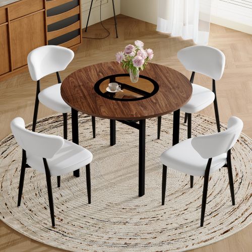 Ensemble Table Et Chaises, Table à Manger 100 Cm Avec Pieds Métal Noir Et 4 Chaises En Pu Blanc