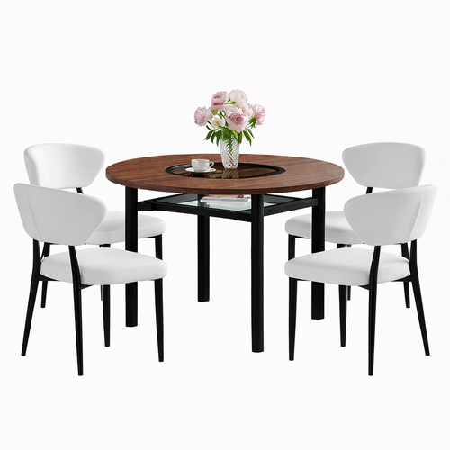 Ensemble Table Et Chaises, Table à Manger 100 Cm Avec Pieds Métal Noir Et 4 Chaises En Pu Blanc