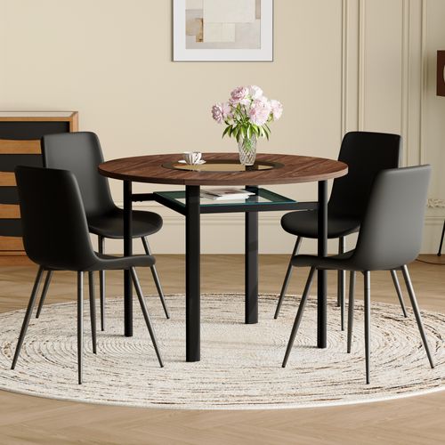Ensemble Table Et Chaises, Table à Manger 100 Cm Avec Pieds Métal Noir Et 4 Chaises Pu Noir