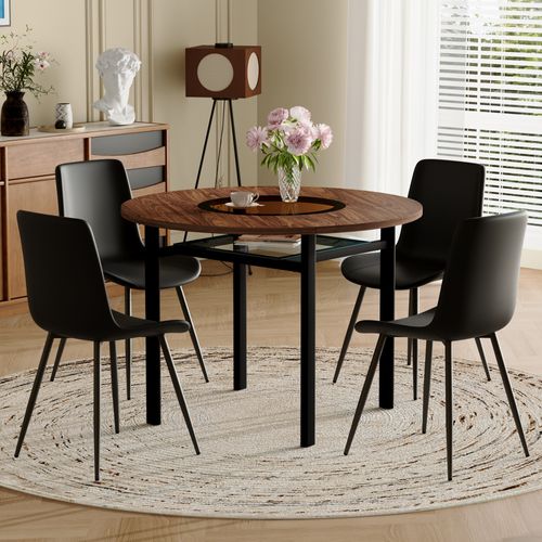 Ensemble Table Et Chaises, Table à Manger 100 Cm Avec Pieds Métal Noir Et 4 Chaises Pu Noir