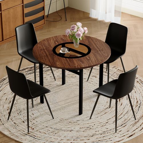 Ensemble Table Et Chaises, Table à Manger 100 Cm Avec Pieds Métal Noir Et 4 Chaises Pu Noir