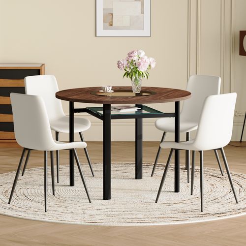 Ensemble Table Et Chaises, Table à Manger 100 Cm Avec Pieds Métal Noir Et 4 Chaises Pu Blanc