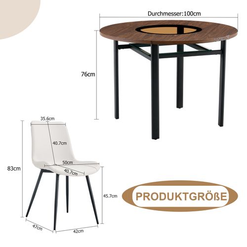 Ensemble Table Et Chaises, Table à Manger 100 Cm Avec Pieds Métal Noir Et 4 Chaises Pu Blanc