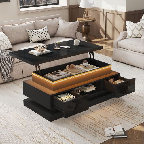 Table Basse Relevable Rectangulaire Noire Haut Brillant Avec LED, 2 Tiroirs Et Rangement