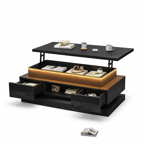 Table Basse Relevable Rectangulaire Noire Haut Brillant Avec LED, 2 Tiroirs Et Rangement