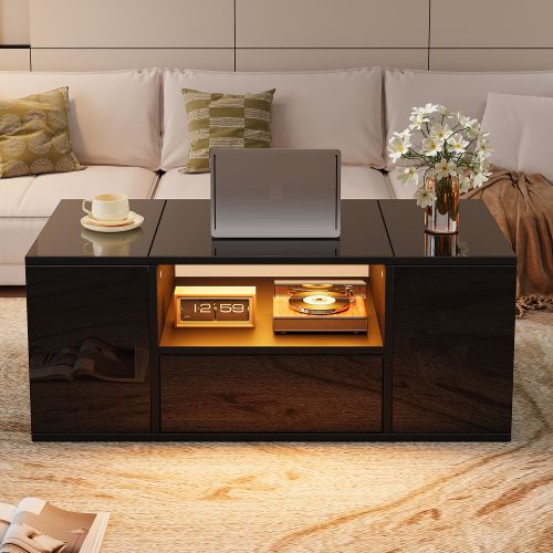 Table Basse Noire 100 X 50 X 40 Cm Avec LED, 1 Tiroir Et 2 Compartiments Haut Brillant