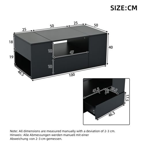 Table Basse Noire 100 X 50 X 40 Cm Avec LED, 1 Tiroir Et 2 Compartiments Haut Brillant
