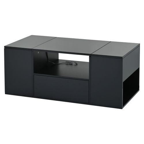 Table Basse Noire 100 X 50 X 40 Cm Avec LED, 1 Tiroir Et 2 Compartiments Haut Brillant