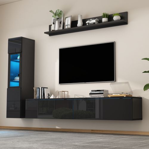 Ensemble De Meubles TV Muraux 3 Pièces Avec LED, 1 Meuble TV, 1 Vitrine De Salon, 1 Étagère Murale