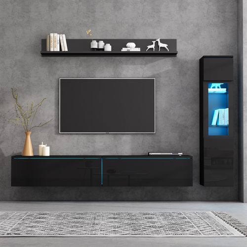 Ensemble De Meubles TV Muraux 3 Pièces Avec LED, 1 Meuble TV, 1 Vitrine De Salon, 1 Étagère Murale