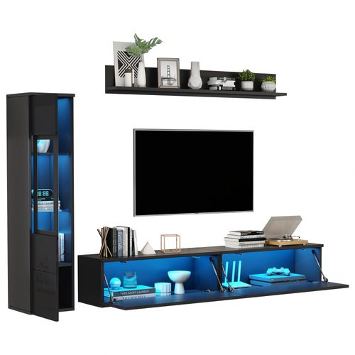 Ensemble De Meubles TV Muraux 3 Pièces Avec LED, 1 Meuble TV, 1 Vitrine De Salon, 1 Étagère Murale